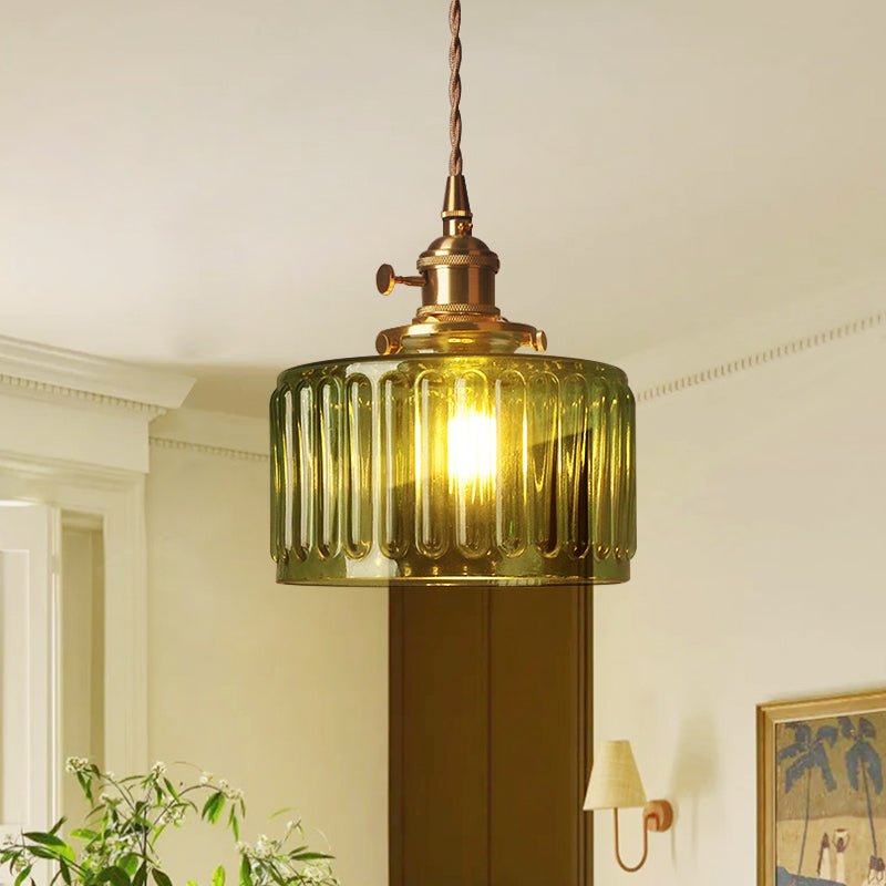 Pendantlightie - Vintage Minimalist 1 - Light Strip Patterned Glass Drum Round Pendant Light - Pendants - Green - 