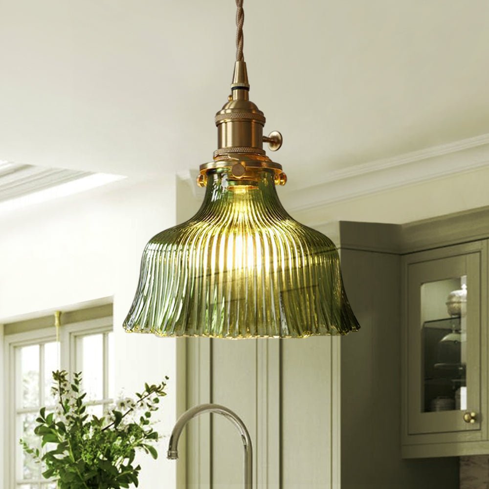 Pendantlightie - Vintage Minimalist 1 - Light Strip Patterned Glass Flower Dome Pendant Light - Pendants - Green - A