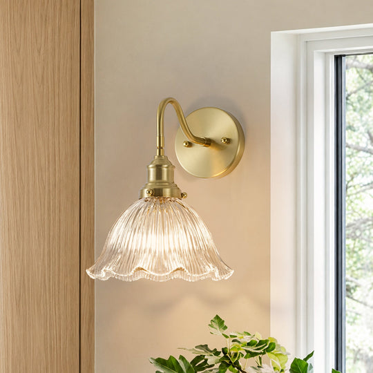 Pendantlightie-Vintage Minimalist 1-Light Striped Glass Waved Edge Flower Wall Sconce-Wall Light-Clear-B
