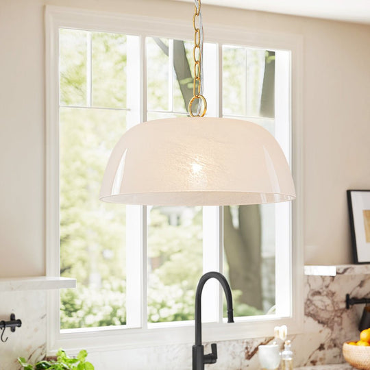 Pendantlightie-Vintage Retro 1-Light Alabaster White Clouded Glass Dome Pendant Light-Pendants-Brass-
