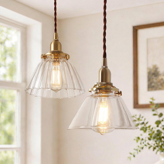 Pendantlightie - Vintage Retro 1 - Light Clear Pleated Glass Cone Bell Pendant Light - Pendants - Clear Glass - 