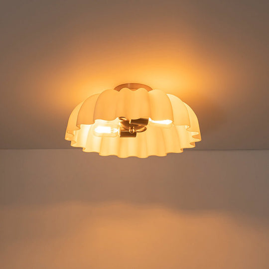 Pendantlightie-Vintage Retro 2-Light Cream Scalloped Glass Shade Ceiling Light-Semi Flush Mount-Brass-