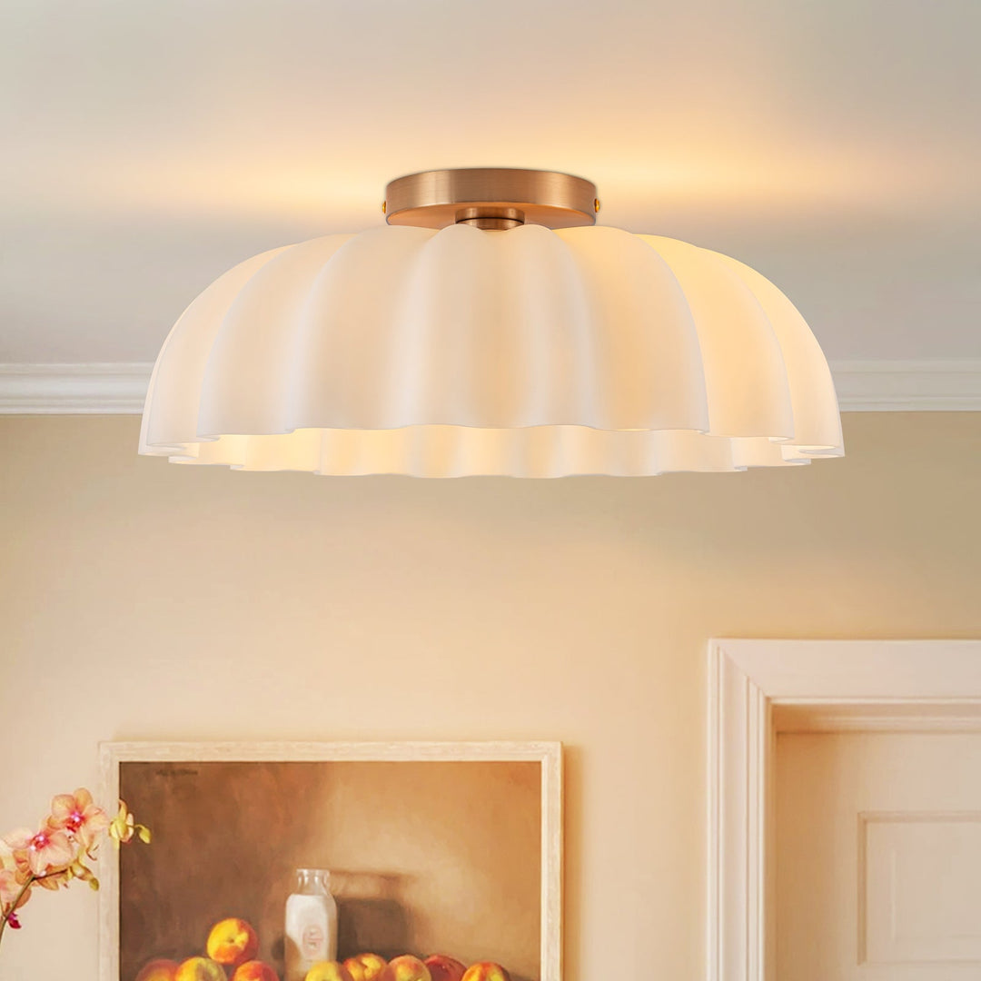 Pendantlightie-Vintage Retro 2-Light Cream Scalloped Glass Shade Ceiling Light-Semi Flush Mount-Brass-