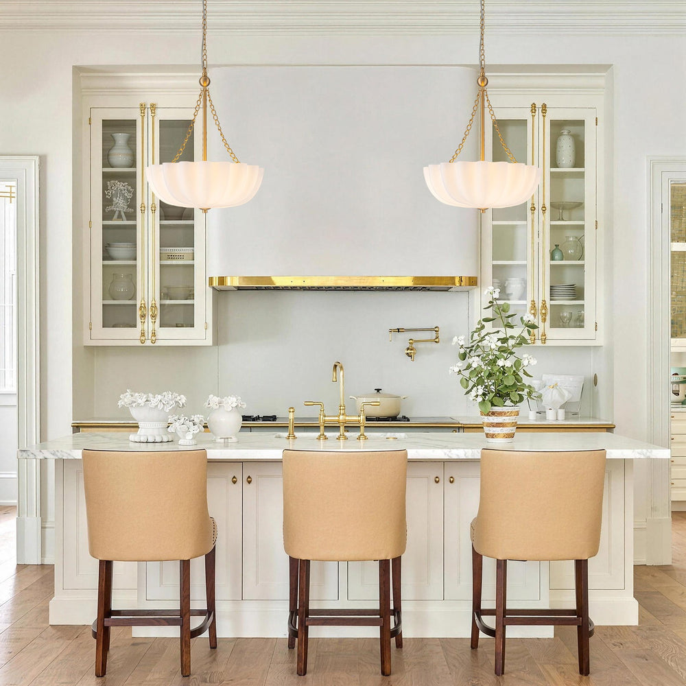 Pendantlightie-Vintage Retro 3-Light Cream Scalloped Glass Shade Chandelier-Chandeliers-Brass-