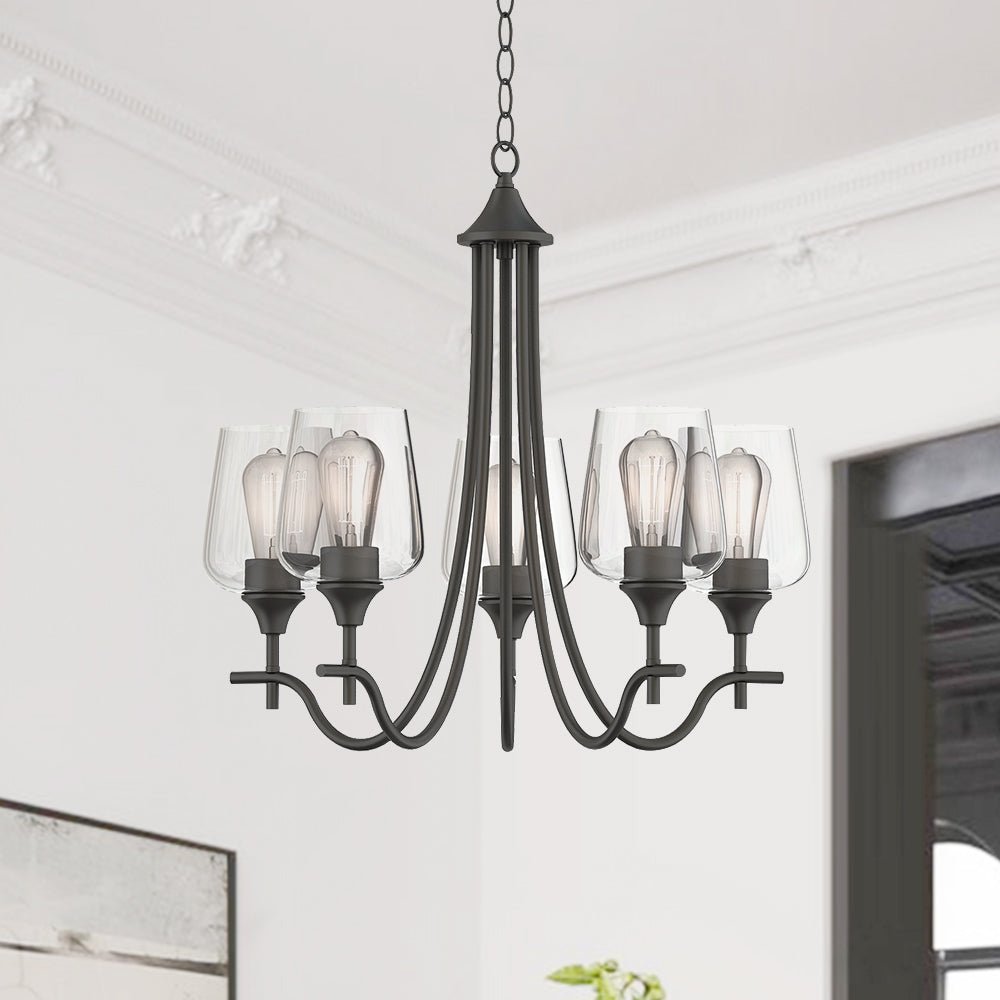 Pendantlightie-5-Light Curved Arm Classical Chandelier With Glass Shades-Chandeliers-Black-