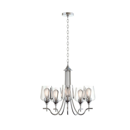 Pendantlightie-5-Light Curved Arm Classical Chandelier With Glass Shades-Chandeliers-Nickel-