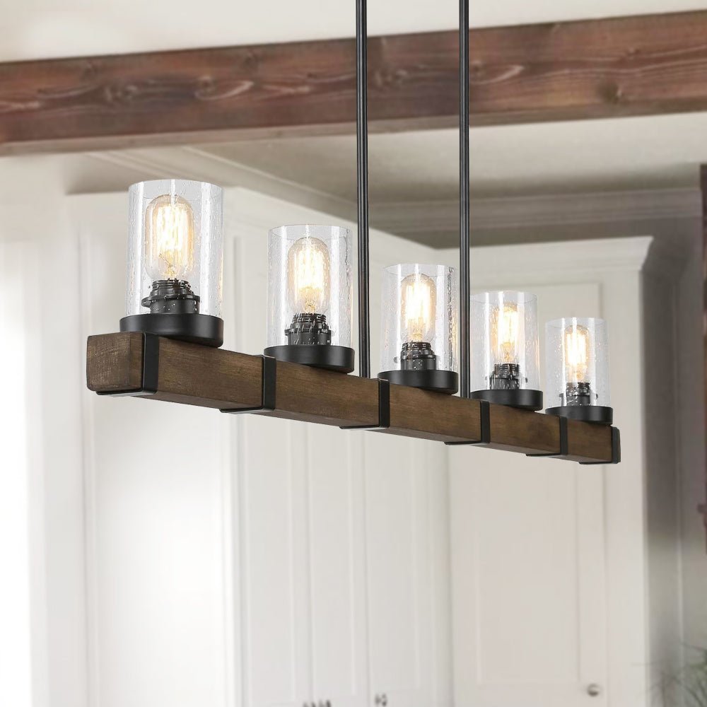 Pendantlightie-Five Lights Linear Wood Chandelier-Chandeliers--