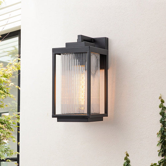 Pendantlightie-Industrial 1-Light Ribbed Glass Outdoor Waterproof Wall Light-Outdoor Wall Light--