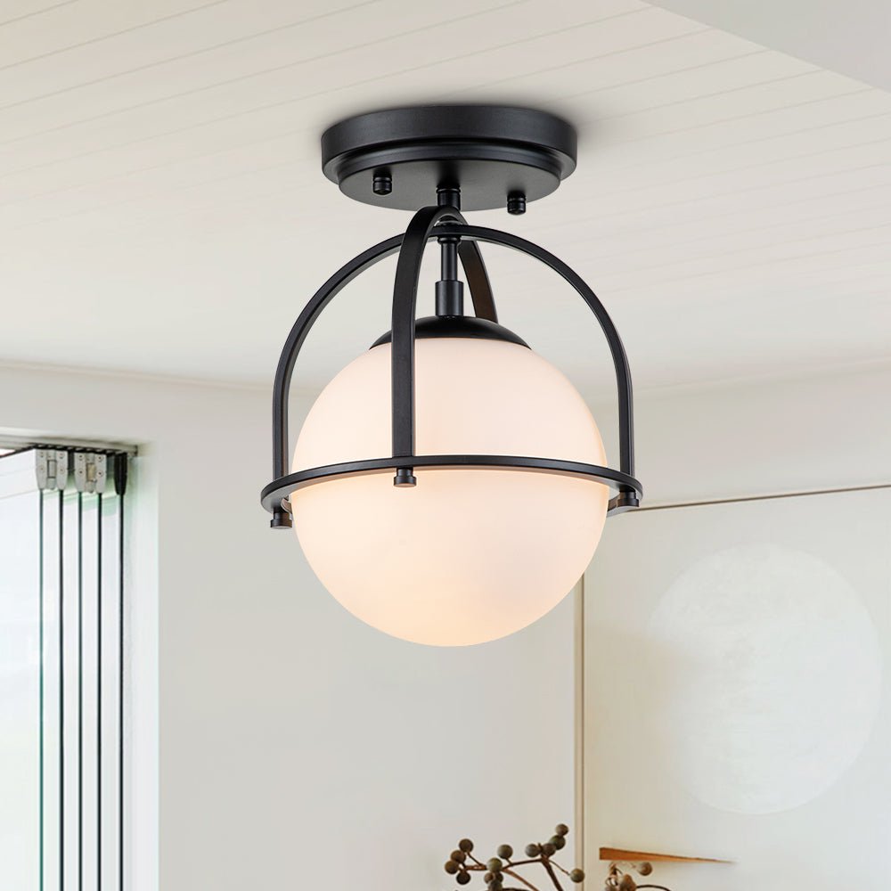 Pendantlightie-Mid-Century 1-Light Opal Glass Globe Semi Flush Mount-Semi Flush Mount-Black-