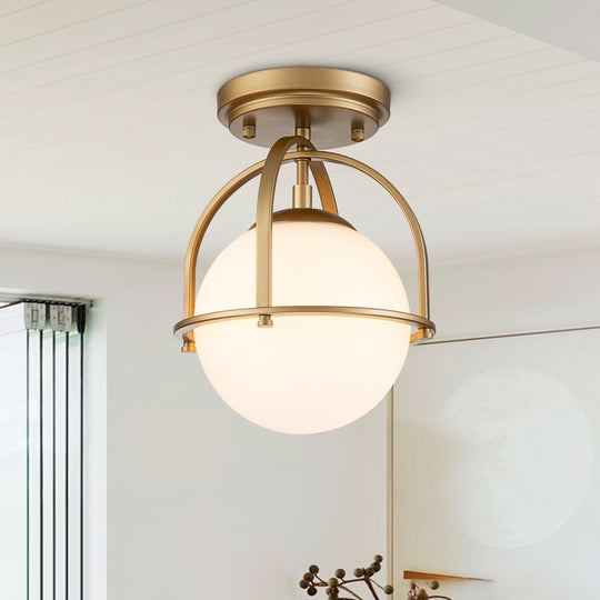 Pendantlightie-Mid-Century 1-Light Opal Glass Globe Semi Flush Mount-Semi Flush Mount-Gold-