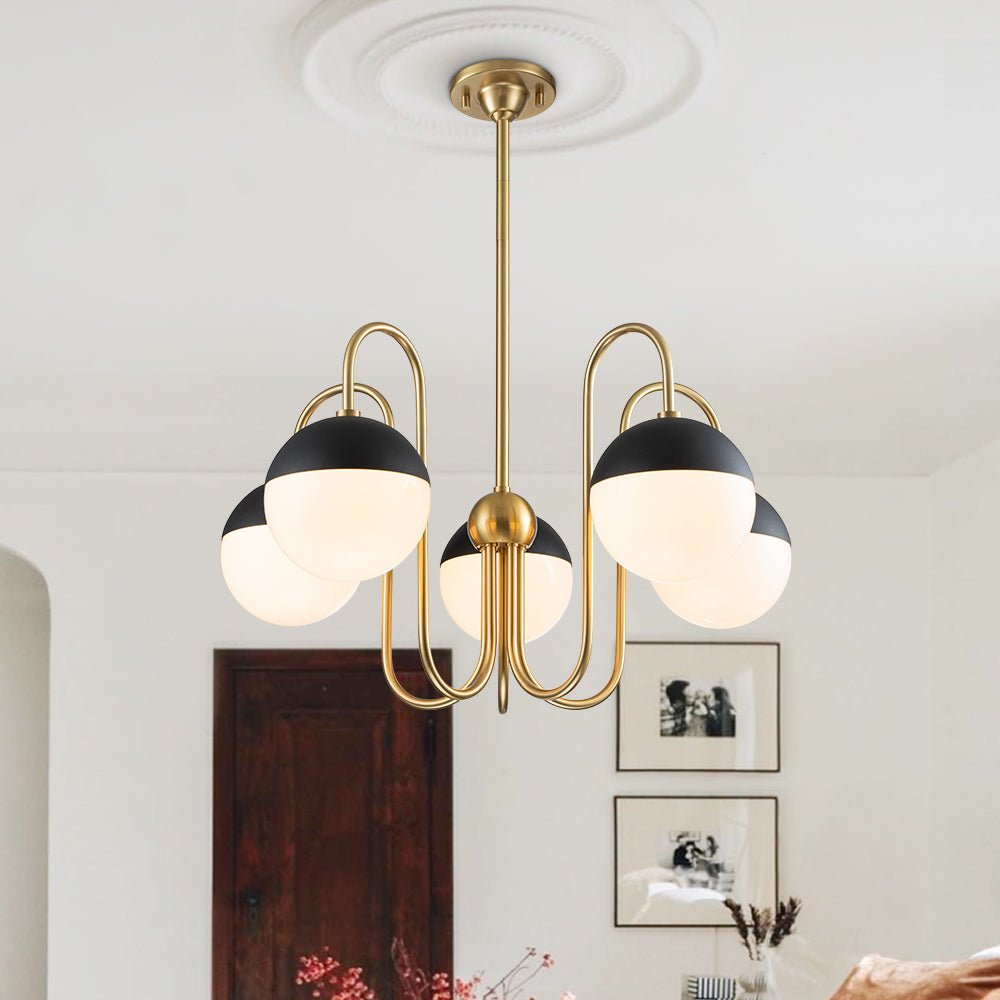 Pendantlightie-Mid-Century 5-Light Glass Globe Curved Chandelier-Chandeliers-Brass-