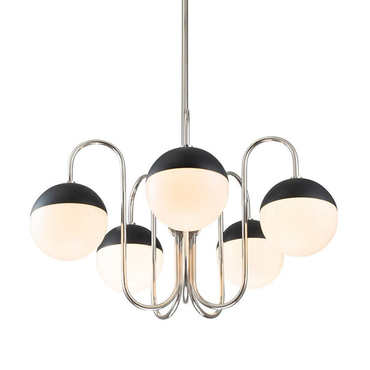 Pendantlightie-Mid-Century 5-Light Glass Globe Curved Chandelier-Chandeliers-Nickel-