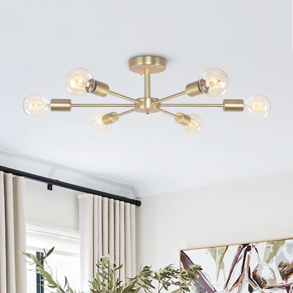 Pendantlightie-Mid-Century 6-Light Sputnik Semi Flush Ceiling Light For Living Room-Semi Flush Mount-Black-