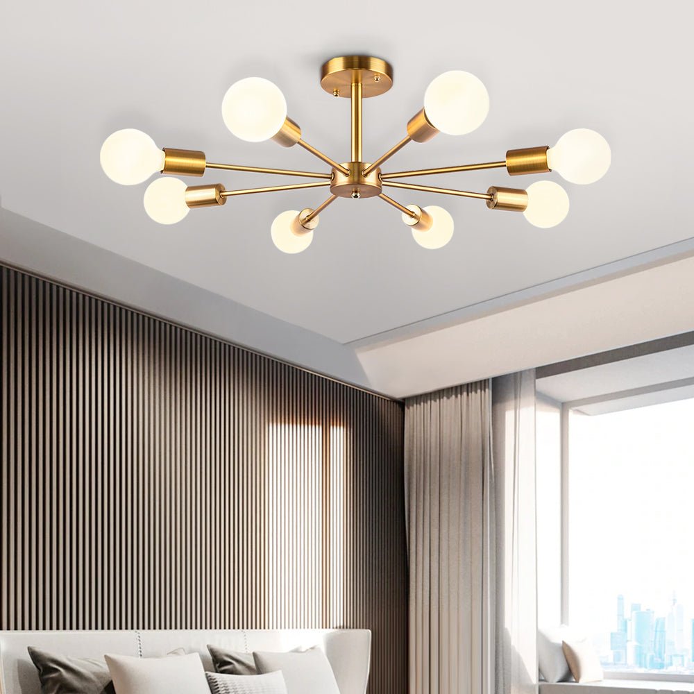 Pendantlightie-Mid-Century Modern 8-Light Sputnik Semi Flush Ceiling Light-Semi Flush Mount-Gold-