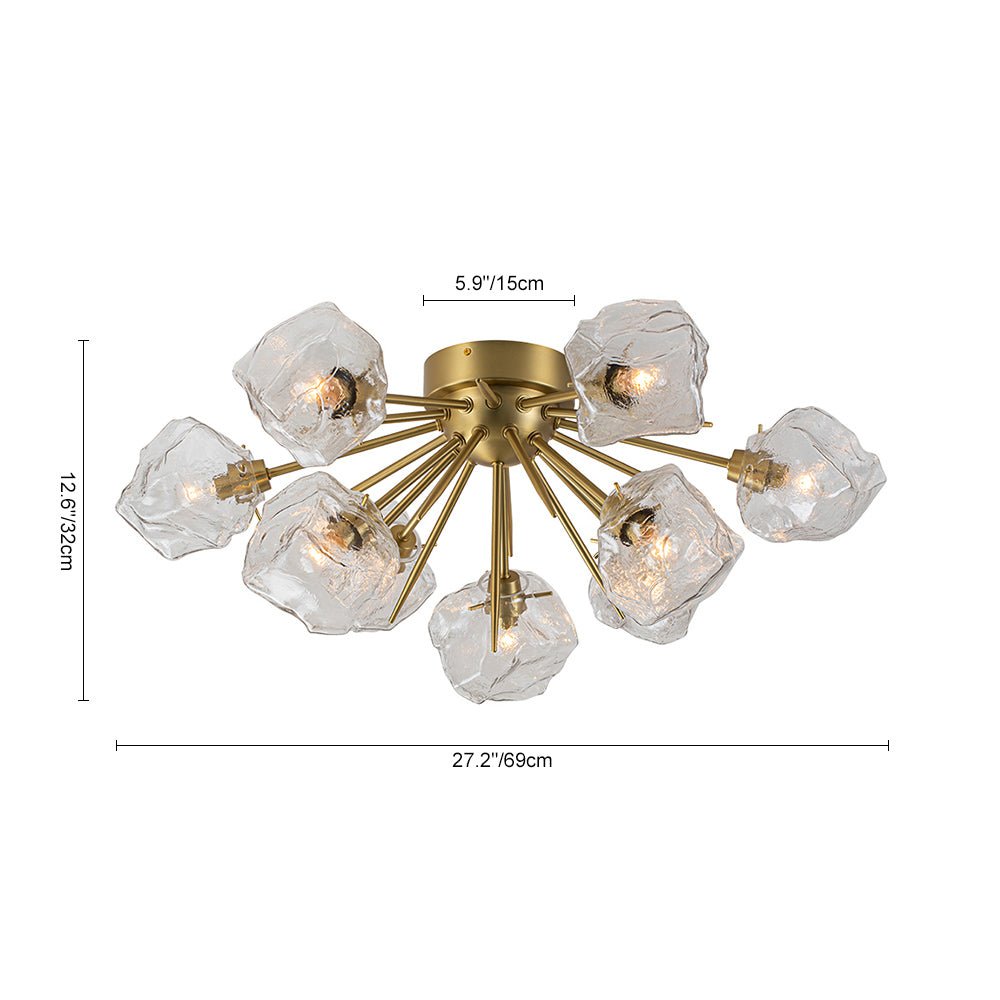 Pendantlightie-Mid-Century Modern 9-Light Ice Sputnik Semi Flush Ceiling Light-Semi Flush Mount-Brass-
