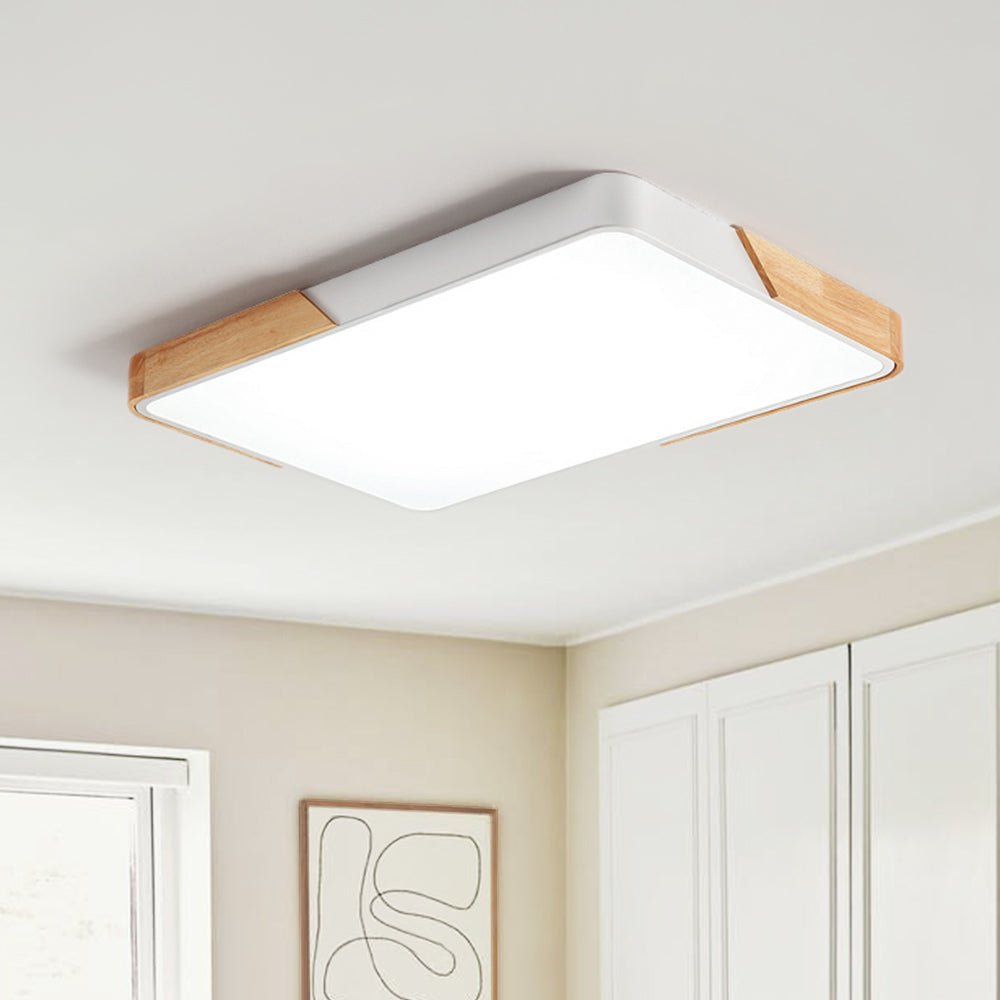 Pendantlightie-Modern Dimmable Rectangle Led Ceiling Light With Wood Accents-Flush Mount-White-