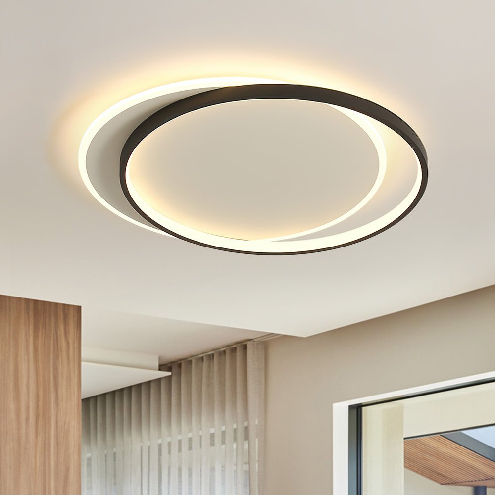 Pendantlightie-Modern Slim Double Ring Round Led Ceiling Light-Flush Mount-Warm White Light-Black