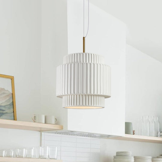 Pendantlightie-Nordic Cream Style 1-Light Drum Layer Pendant Light-Pendants-White-