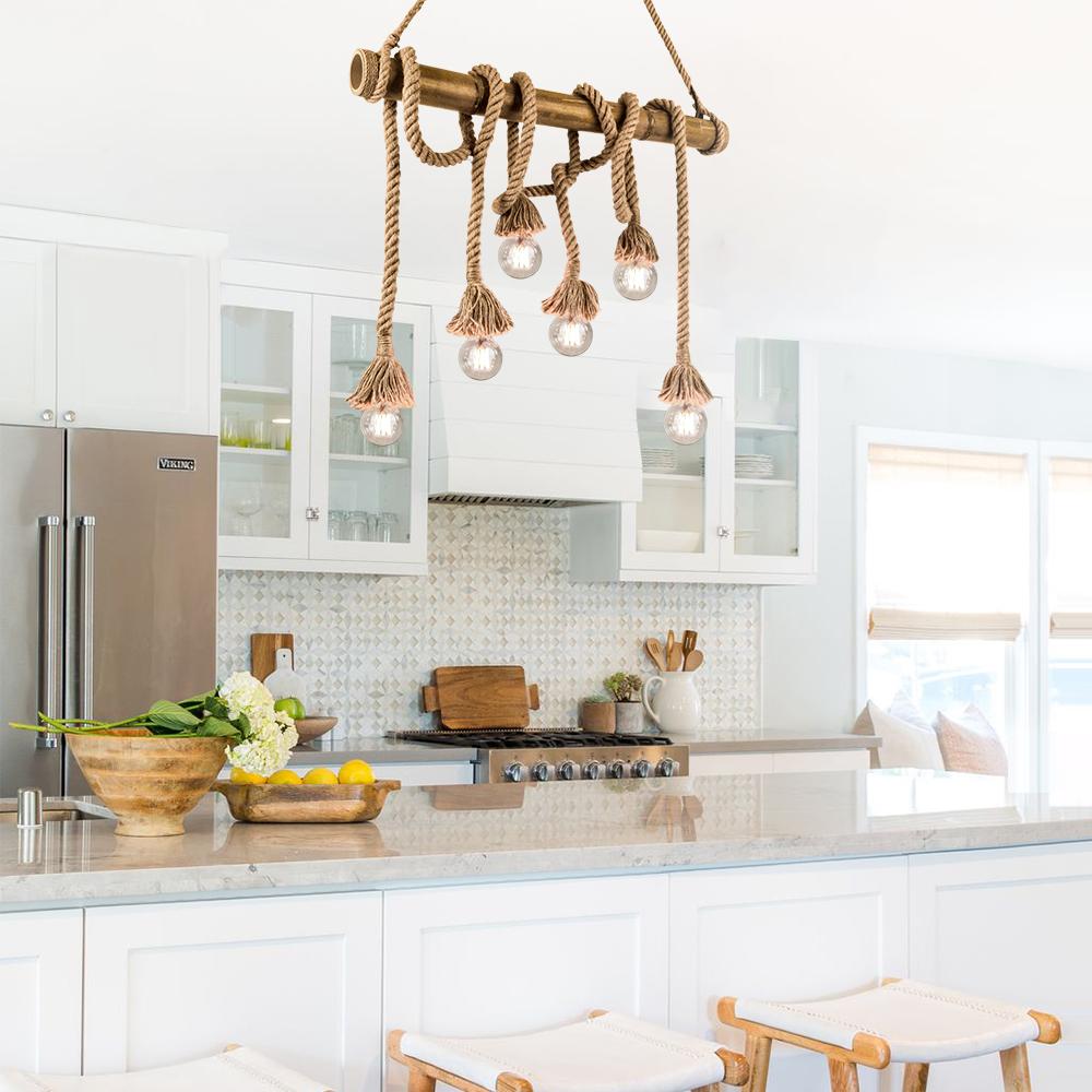 Rustic Farmhouse Rope Hanging Pendant Light Kitchen Island