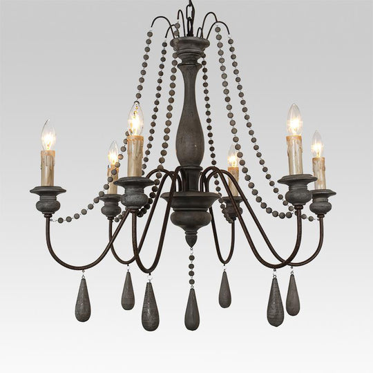 Pendantlightie-Wooden Beads 6-Light Candle Chandelier-Chandeliers-Gray-